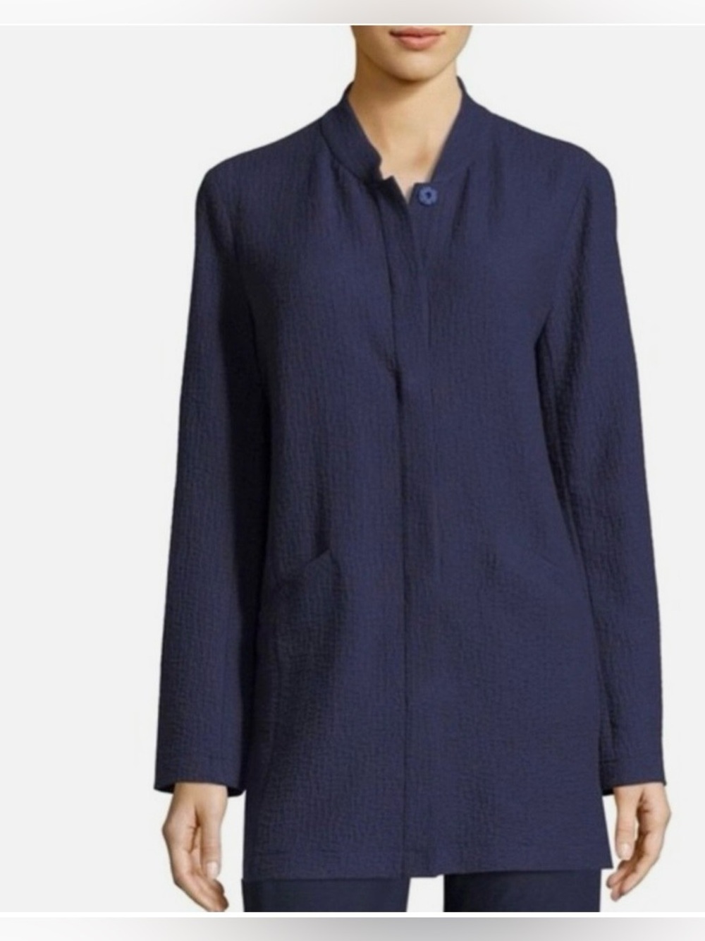 Eileen Fisher stand collar textured jacket tencel organic cotton blend navy sz S